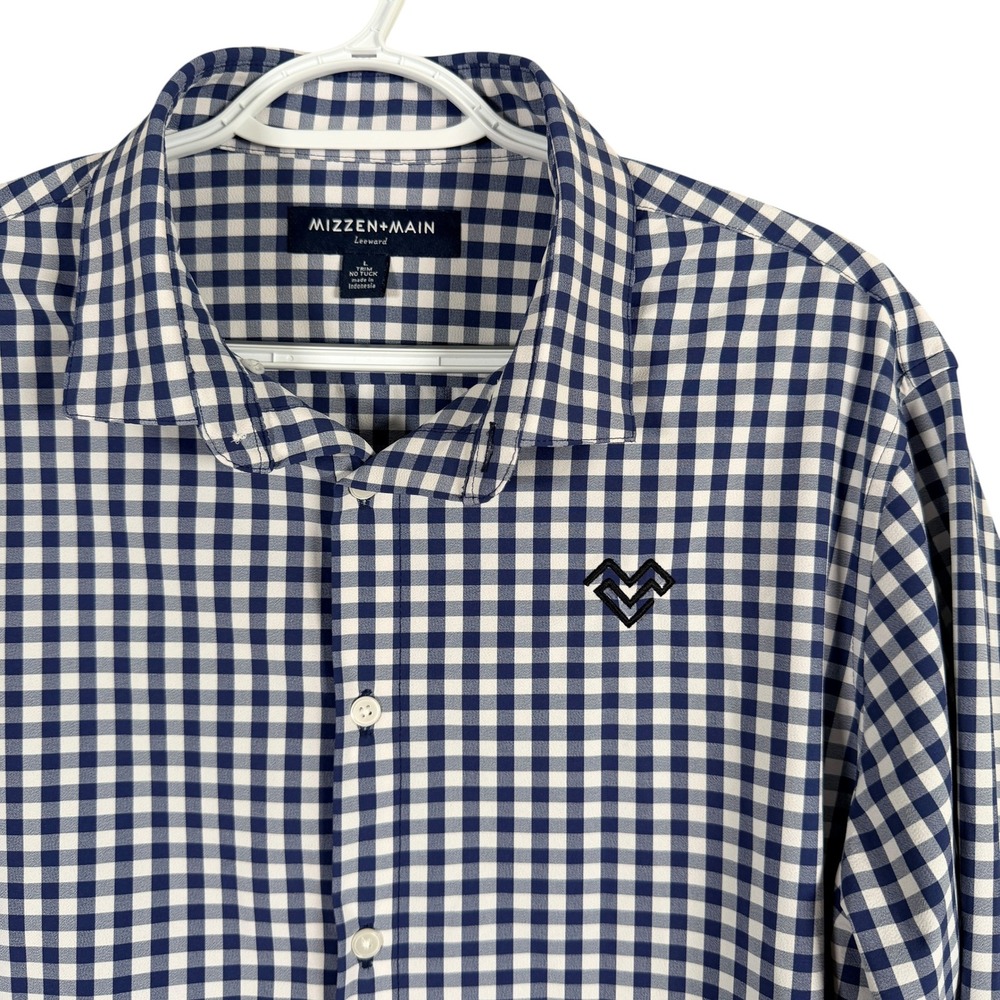 Mizzen+Main‎ Leeward Dress Shirt Trim Mens L Navy Blue Gingham Stretch No Tuck